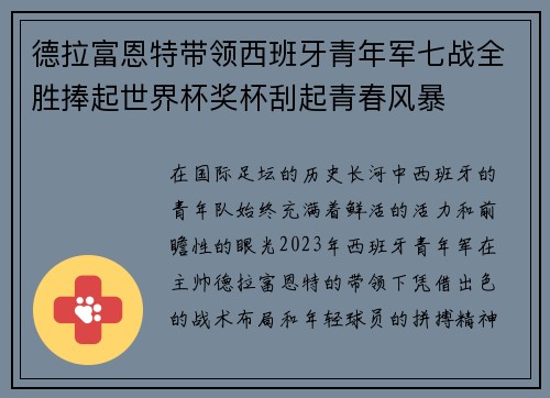 德拉富恩特带领西班牙青年军七战全胜捧起世界杯奖杯刮起青春风暴 德拉富恩特带领西班牙青年军七战全胜捧起世界杯奖杯刮起青春风暴